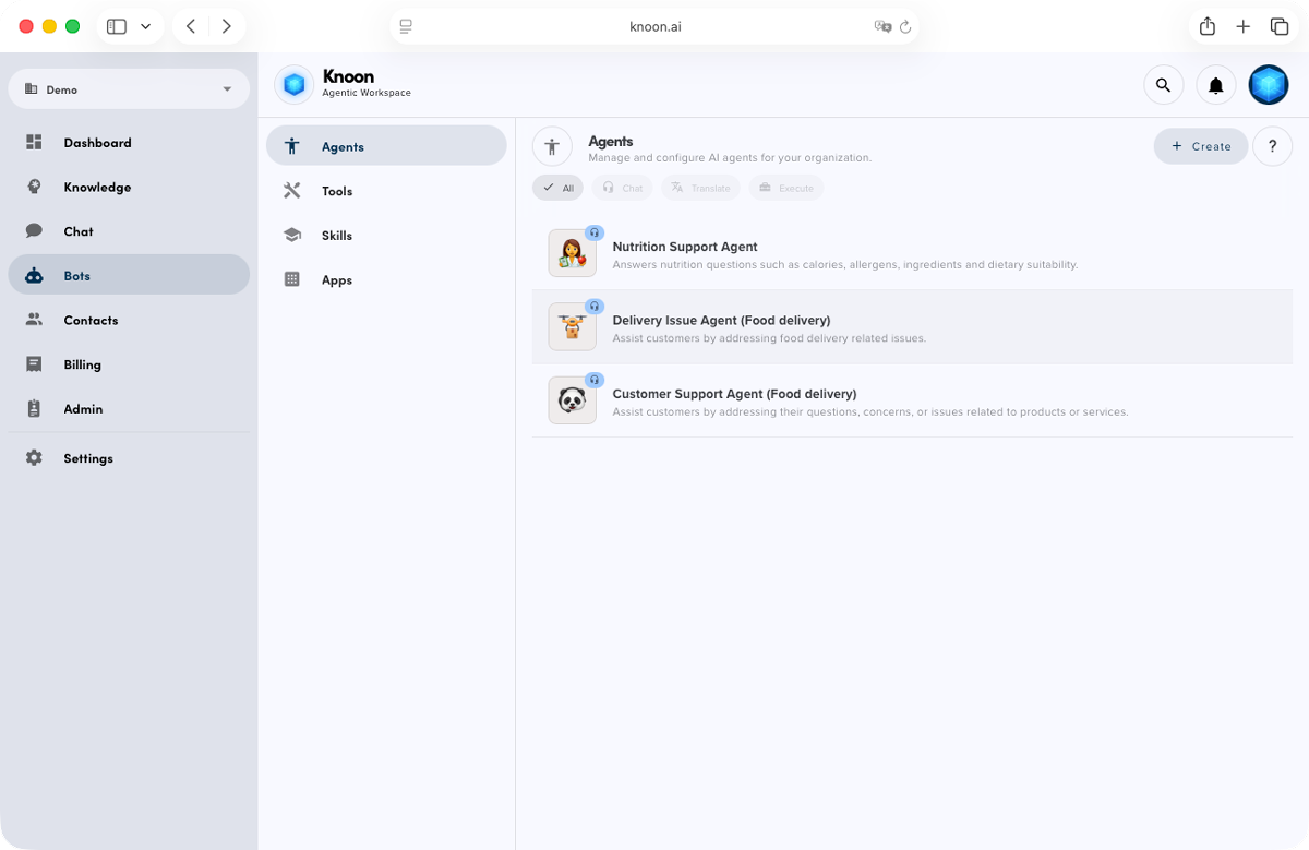 Create multiple specialized agents effortlessly in Knoon.