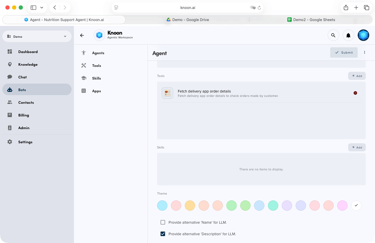 Also add the previously created fetch-order-details tool so the agent can review the customer’s order and offer nutrition insights.