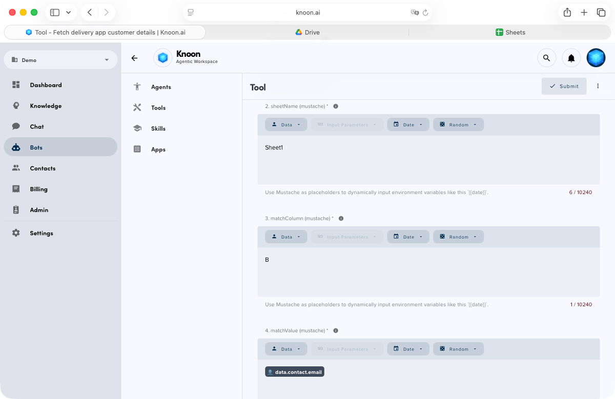 The sheetName is set to Sheet1, the matchColumn is set to B, and the matchValue uses the contact’s email address.