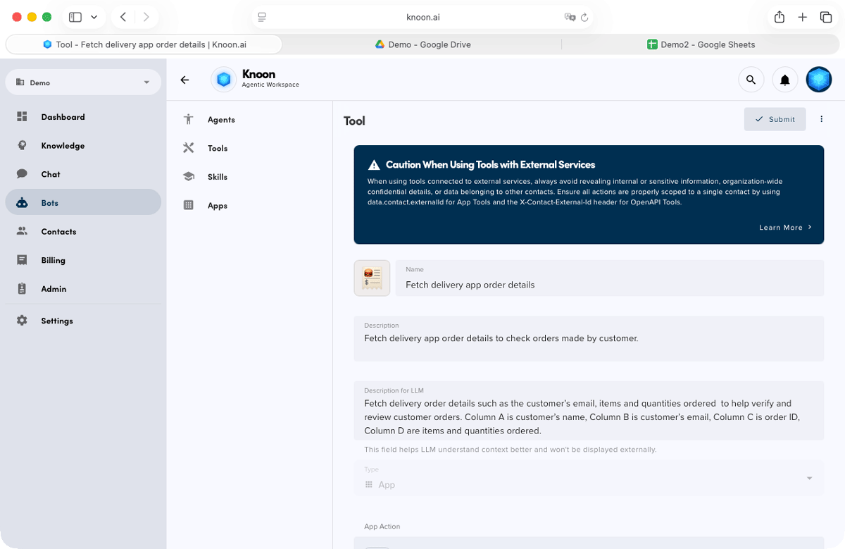 Add a clear LLM description for the tool that retrieves order details from Google Sheets, and define the sheet structure from columns A to D accordingly.