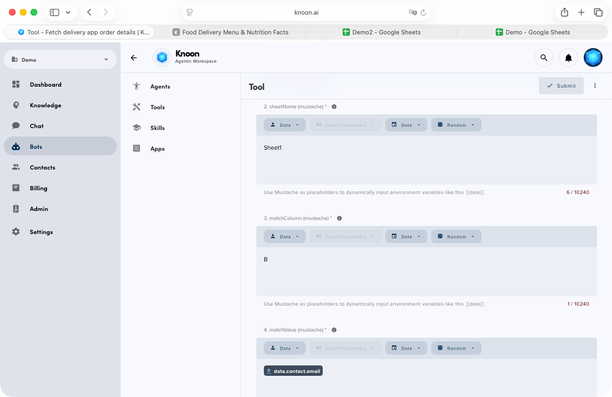 The sheetName is set to Sheet1, the matchColumn is set to B, and the matchValue uses the contact’s email address.