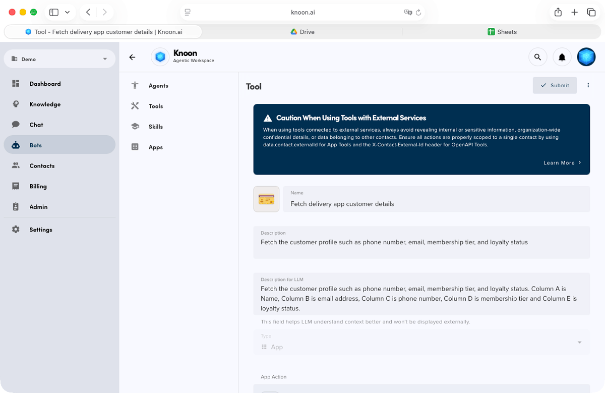 Provide a clear description of the tool for the LLM and specify the sheet layout from column A to E respectively.