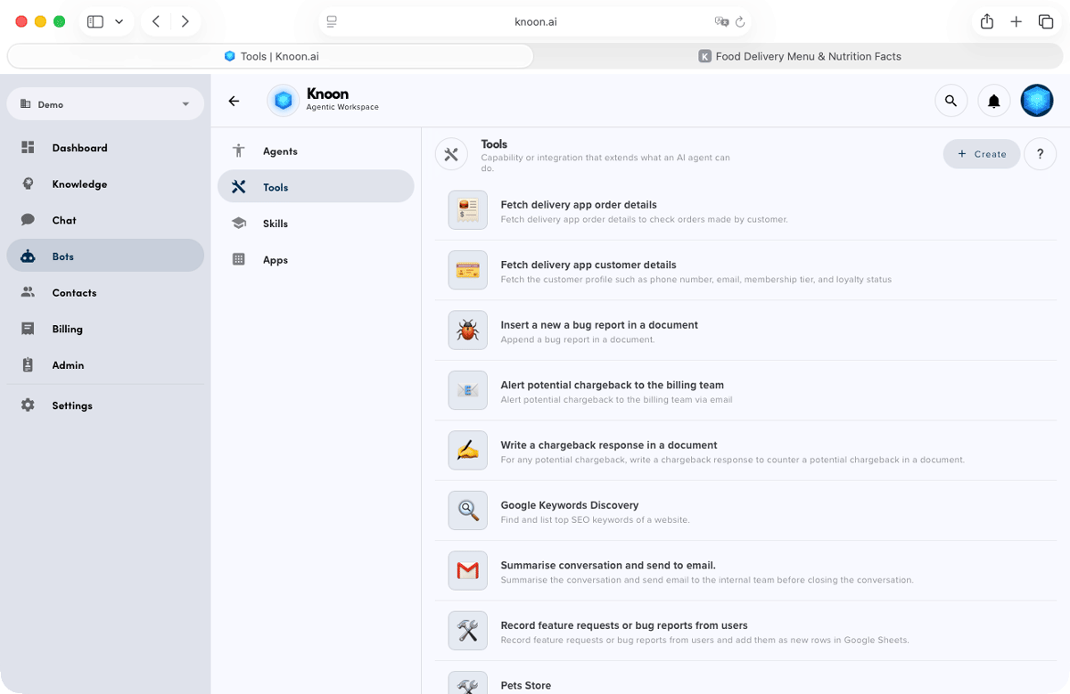 Add tools in Knoon to enable your agents to take real, meaningful actions.
