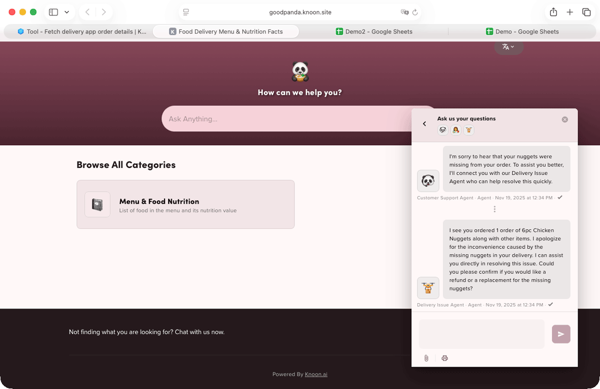The delivery issue agent uses its assigned tool to match the customer’s information with the records in Google Sheets.