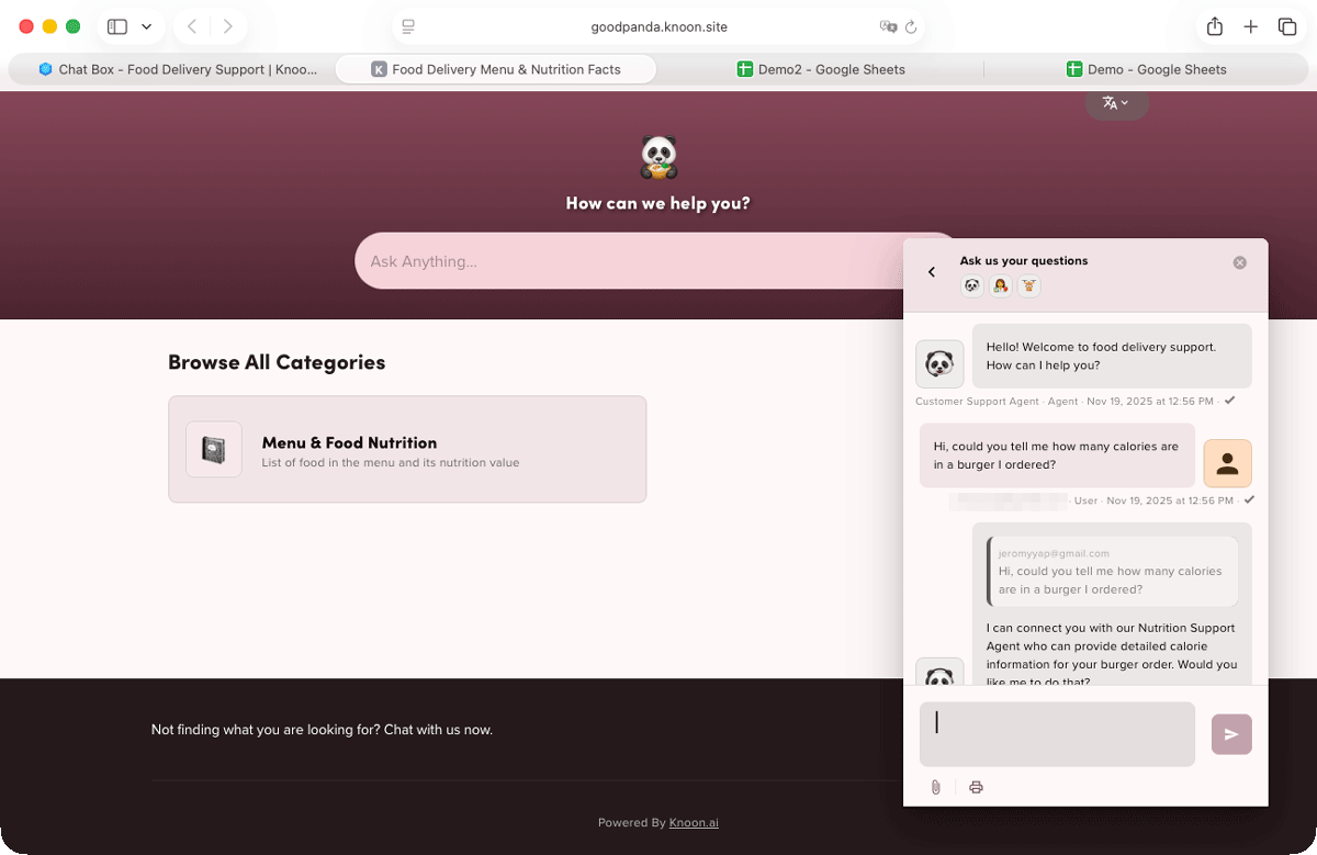 Knoon’s primary support agent directs the conversation to the nutrition support agent when questions are related to the calories of the food.