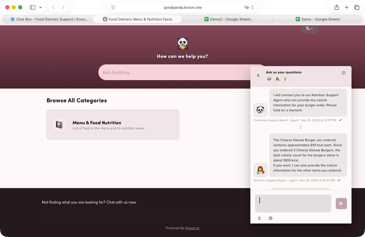 The support agent retrieves the customer’s order and provides insights on the calorie content of the burgers, as per the knowledge base.
