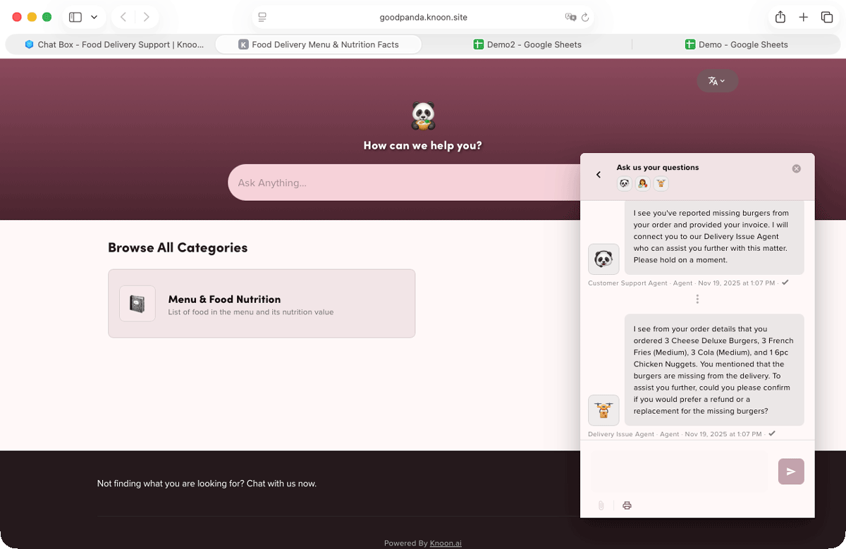 The delivery issue agent compares the order ID and items listed in the invoice with the information stored in its database.