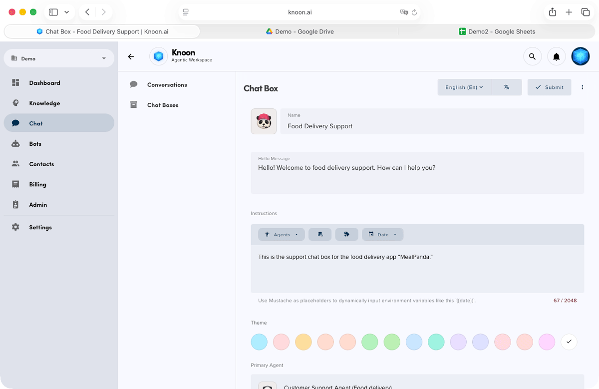 Create a customer-facing chatbox, customise the hello message, and add chatbox instructions to guide how the agent should respond.