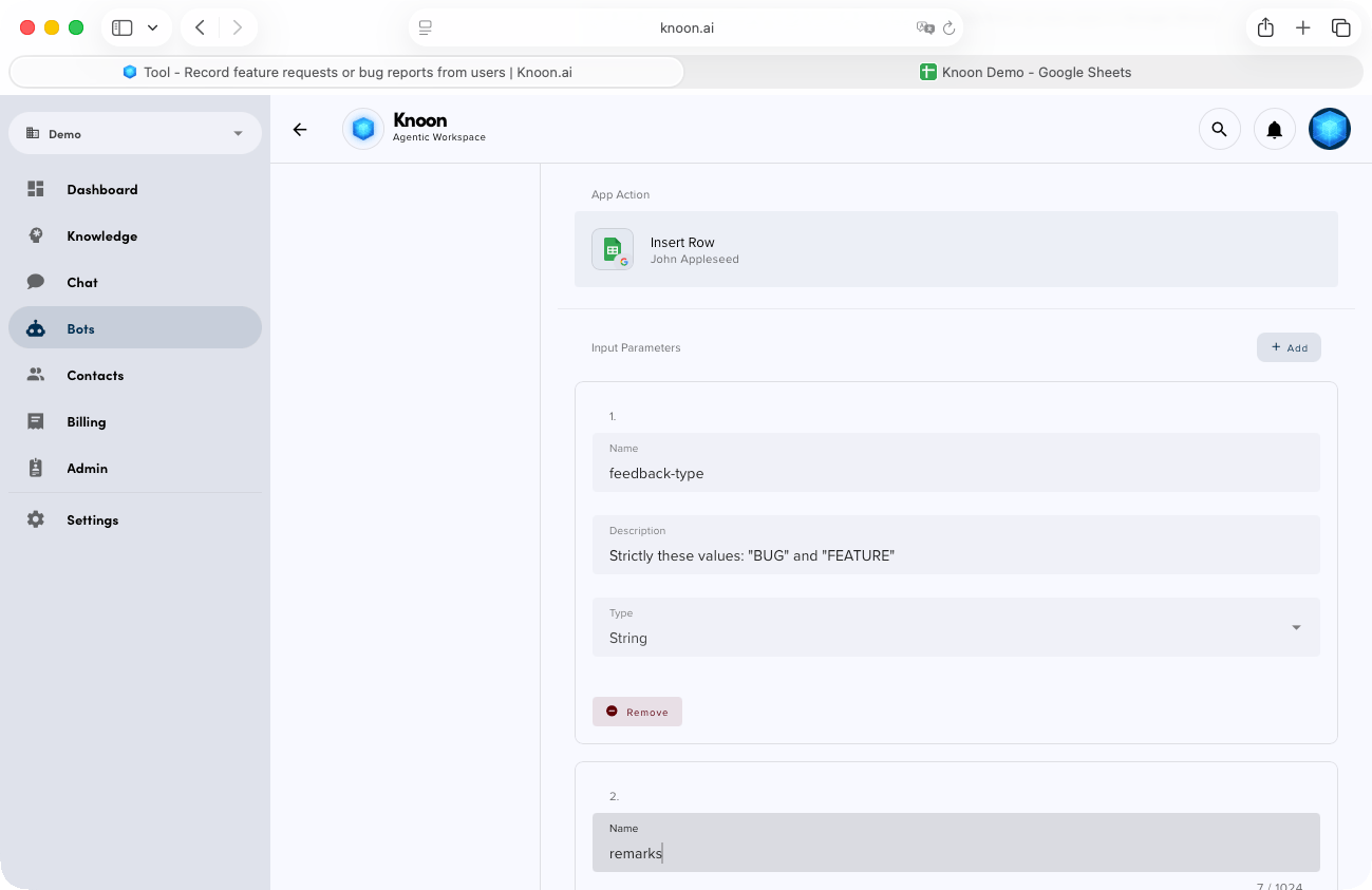 Set up the Google Sheets Insert Row action and define the input parameters your agent will use.