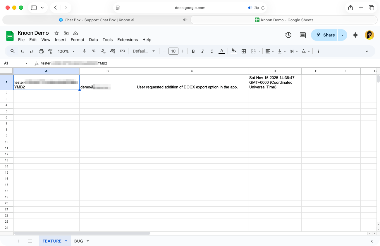 The DOCX feature request is now recorded in the first row of the Feature tab in your Google Sheet.
