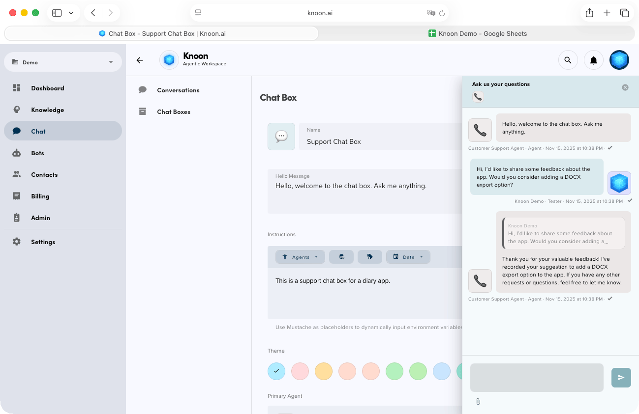 Try testing the feedback flow by asking the agent to add DOCX export as a feature request.