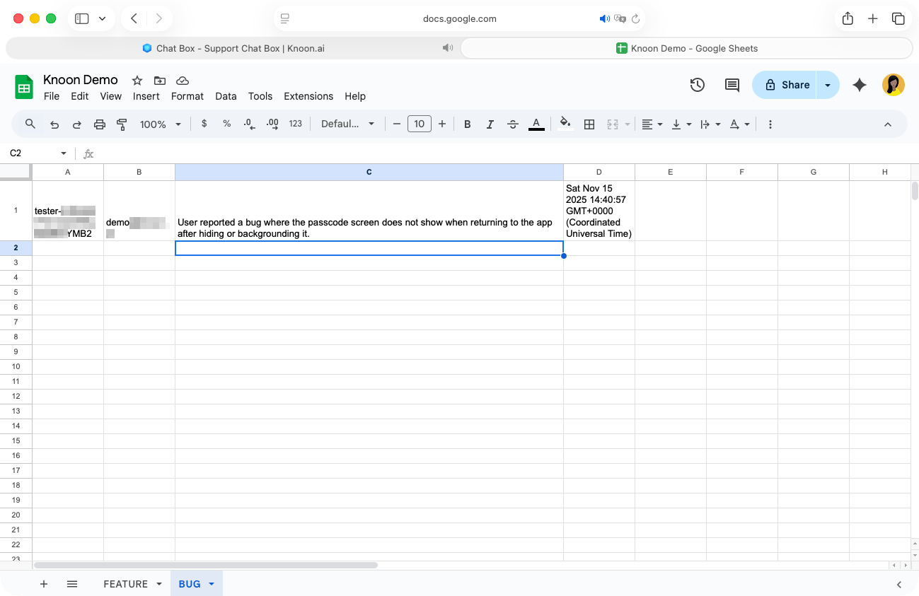 The agent recorded the issue correctly in the Bug tab of the Google Sheet.