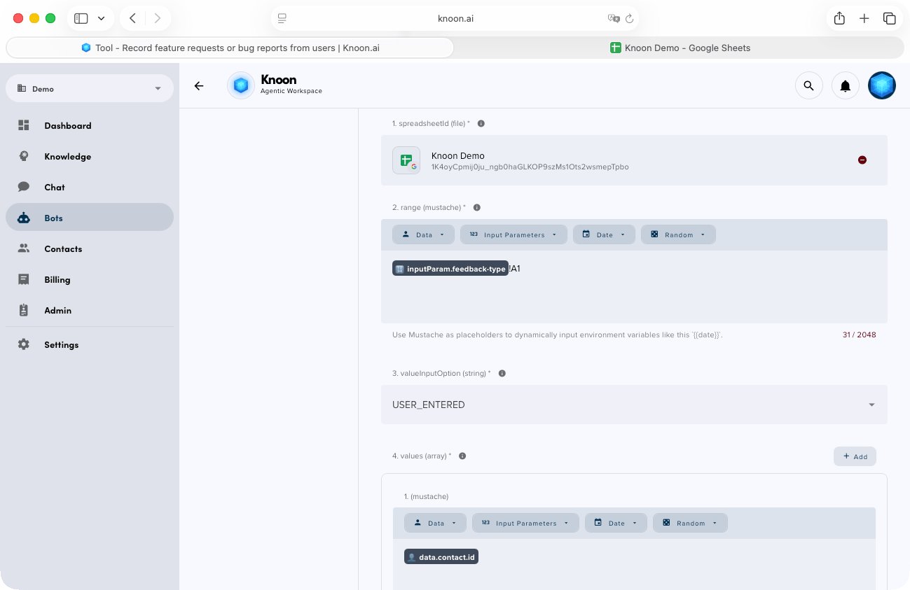 Choose the Google Sheet you want to use, then define the columns the agent will write to.