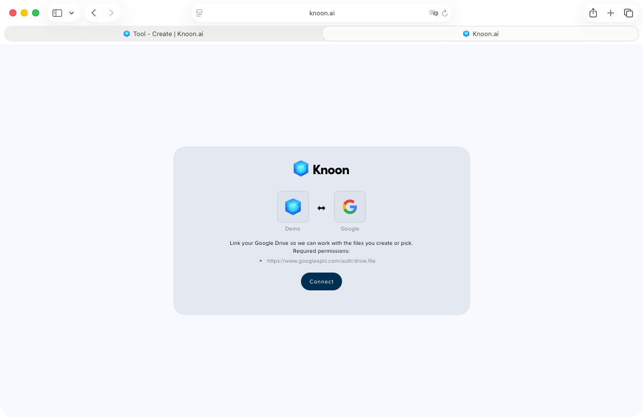 Connect your Knoon account and grant Google permissions before you can use Google Sheets tools.