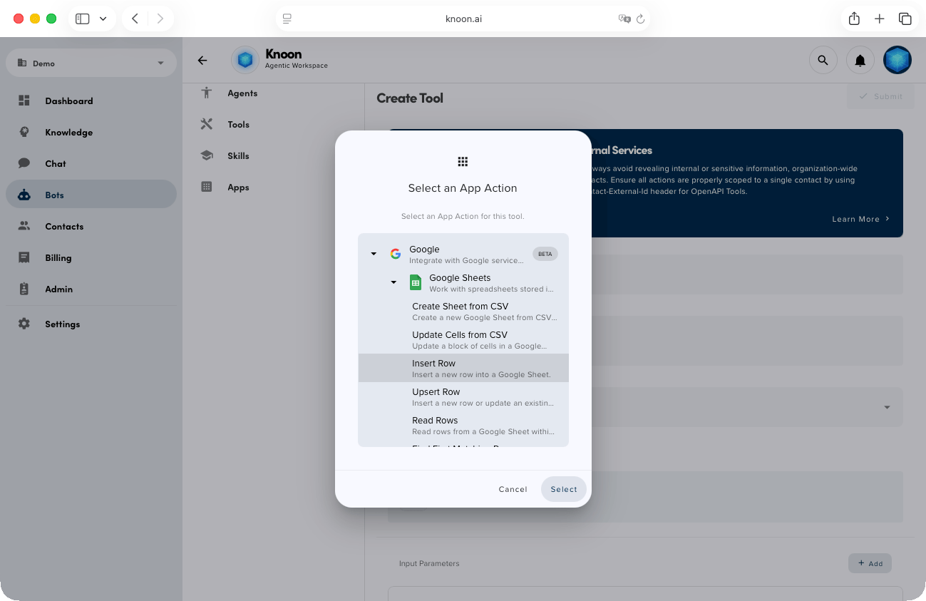 From the Google Sheets App Action in Knoon, select Insert Row to add a new entry.