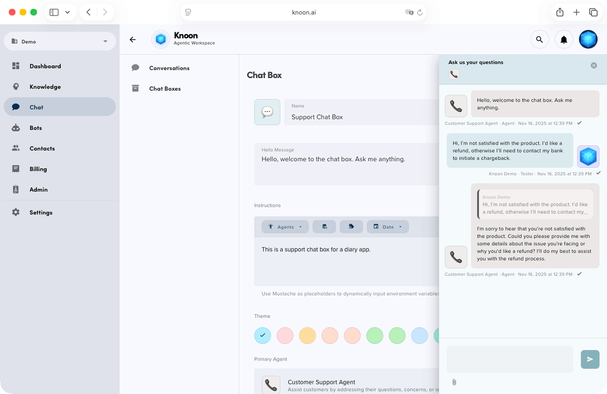 Test the SMTP integration using the Knoon chatbox tester.