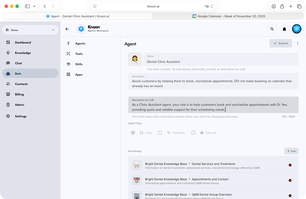 Attach the Google Calendar tool to an agent in Knoon.