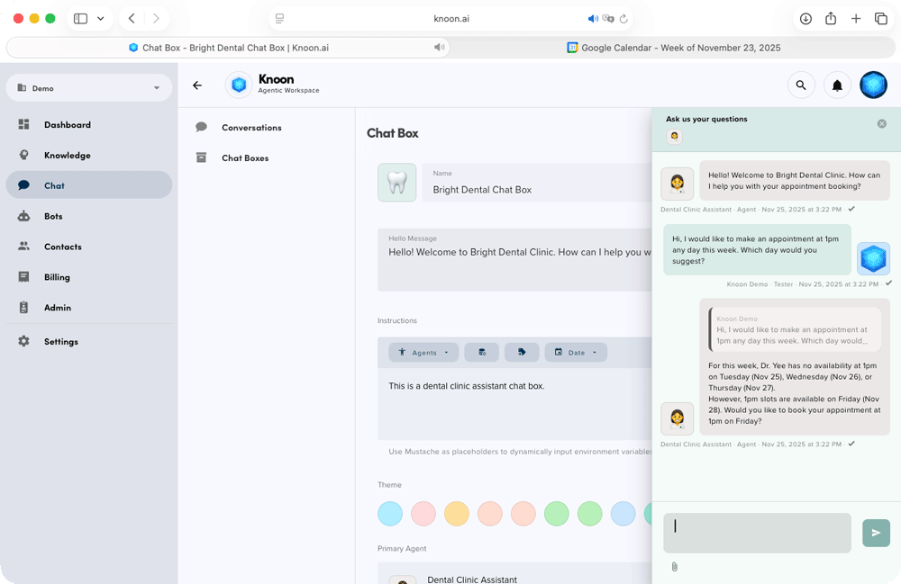 Request the agent to look for a 1 PM opening this week. It reviews Dr. Yee’s calendar and suggests the next suitable options.