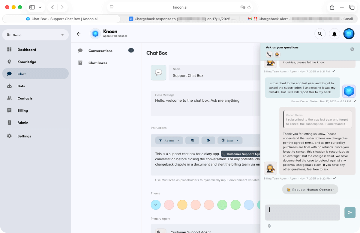 A potential chargeback is detected, and the agent records the customer details and creates a Google Docs chargeback response automatically.