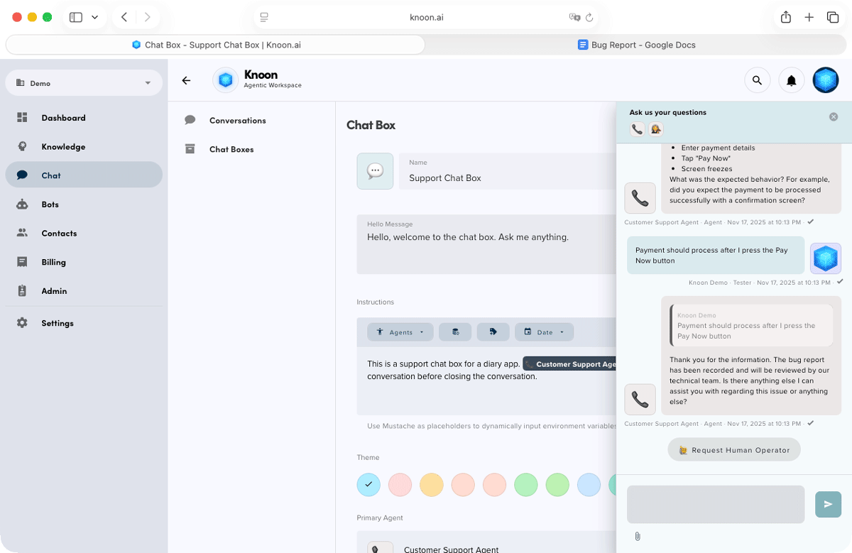 A user reports a bug in chat, and the agent automatically captures the details, records the steps to reproduce, and appends the report to Google Docs.