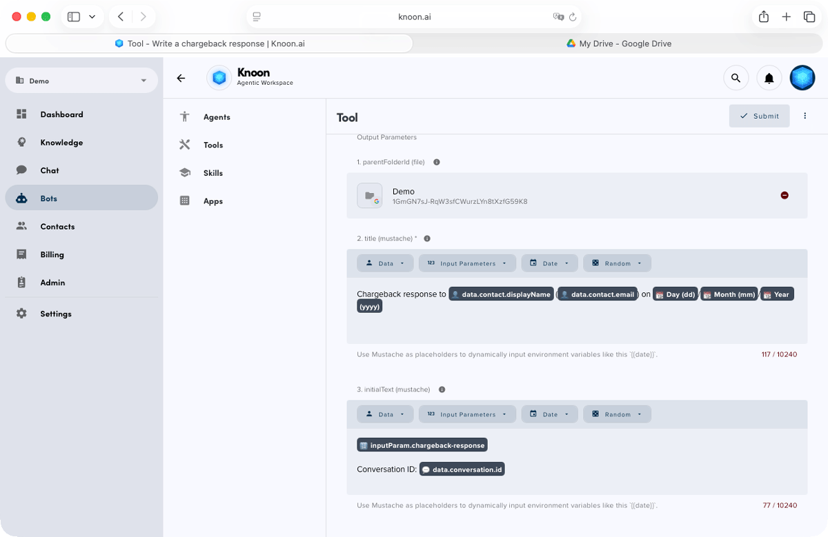 Configuration for the Google Docs tool used to create chargeback response documents.