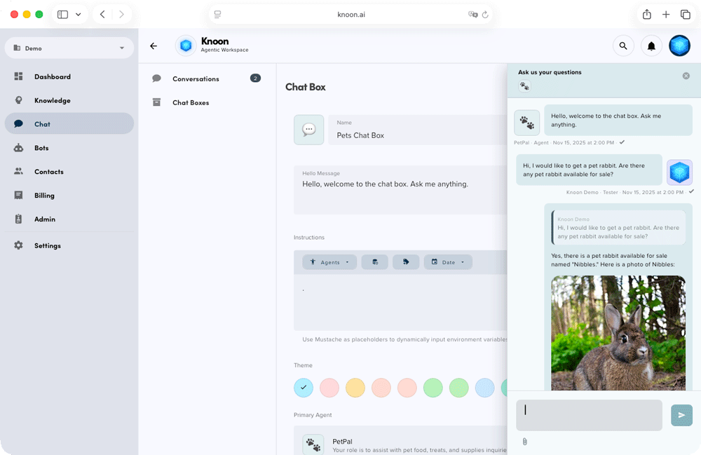 The Knoon agent searches for available pet rabbits using OpenAPI and returns the rabbit’s name along with its photo.
