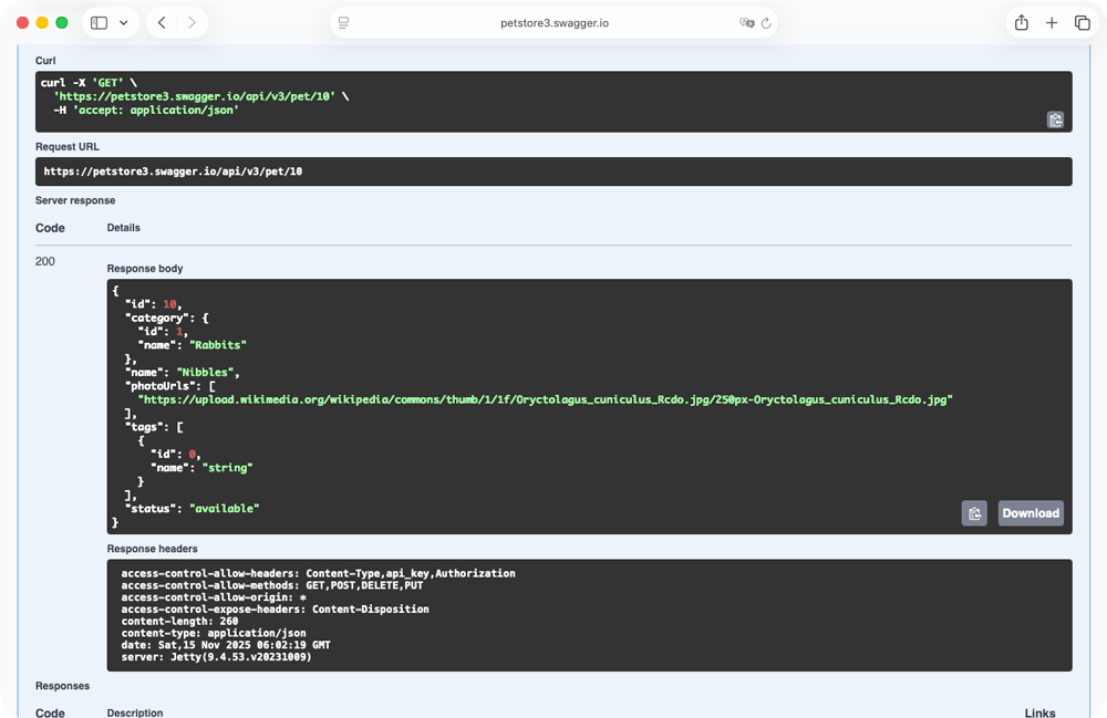 Response example from Swagger showing the rabbit pet named “Nibbles.”