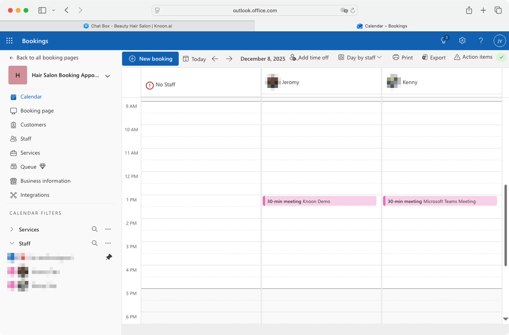 The 1 PM Wednesday appointment has been successfully added to Jeromy's Booking/Outlook Calendar.