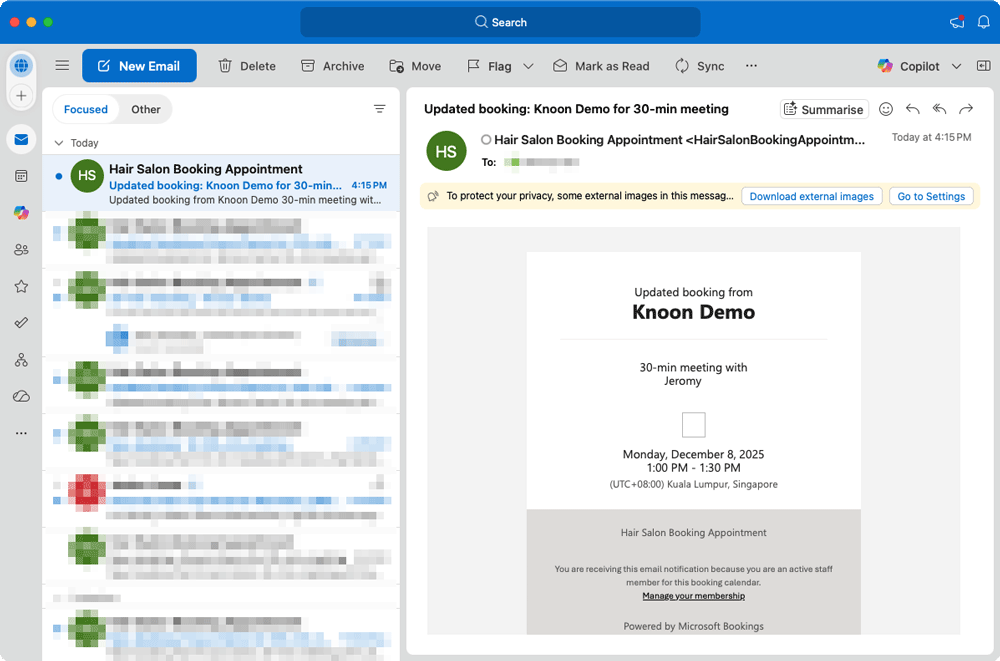 A confirmation of the updated booking was sent.