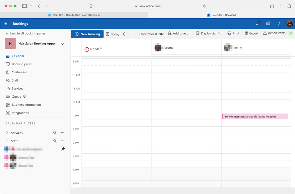 An appointment with Jeromy was successfully cancelled and removed from Booking/Outlook Calendar.