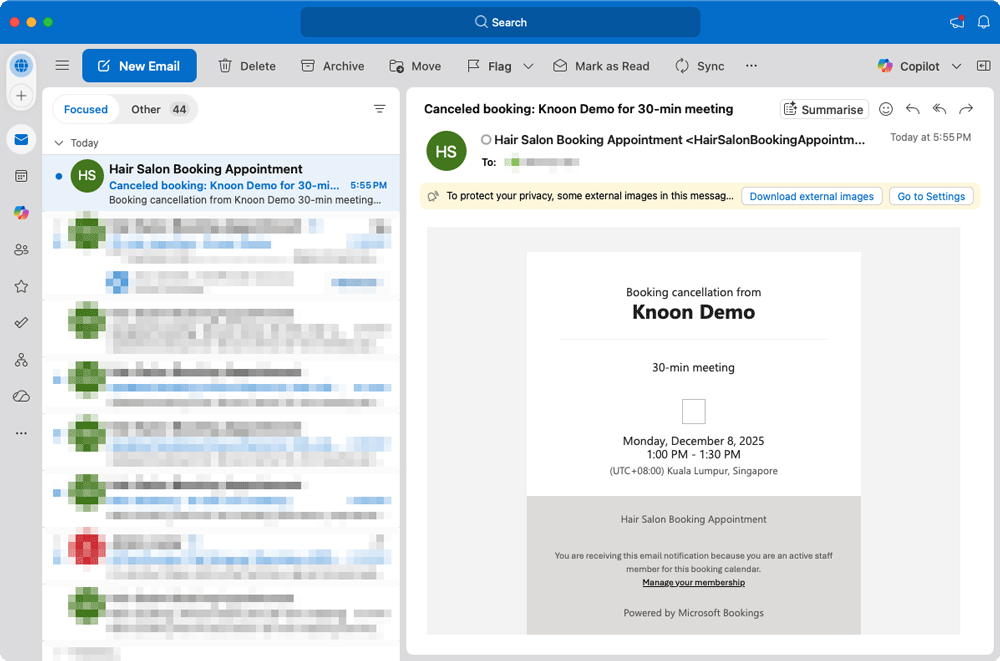 A confirmation email of the cancelled booking was sent.