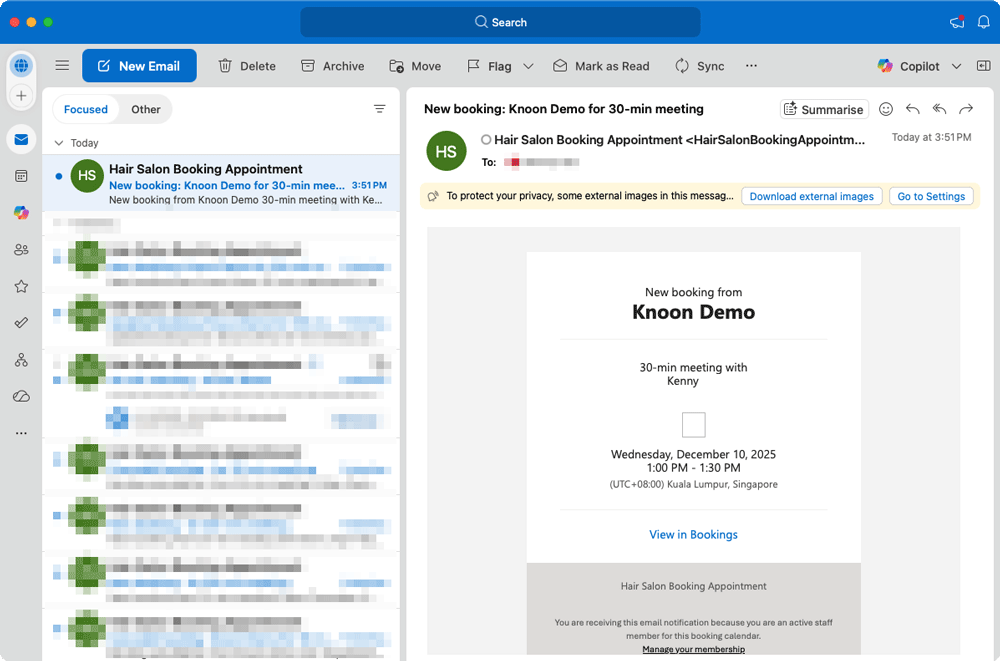 A confirmation email for the booking was sent.