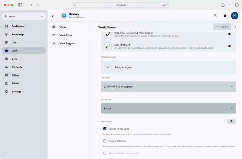 Check the human-in-the-loop option in the work box configuration.