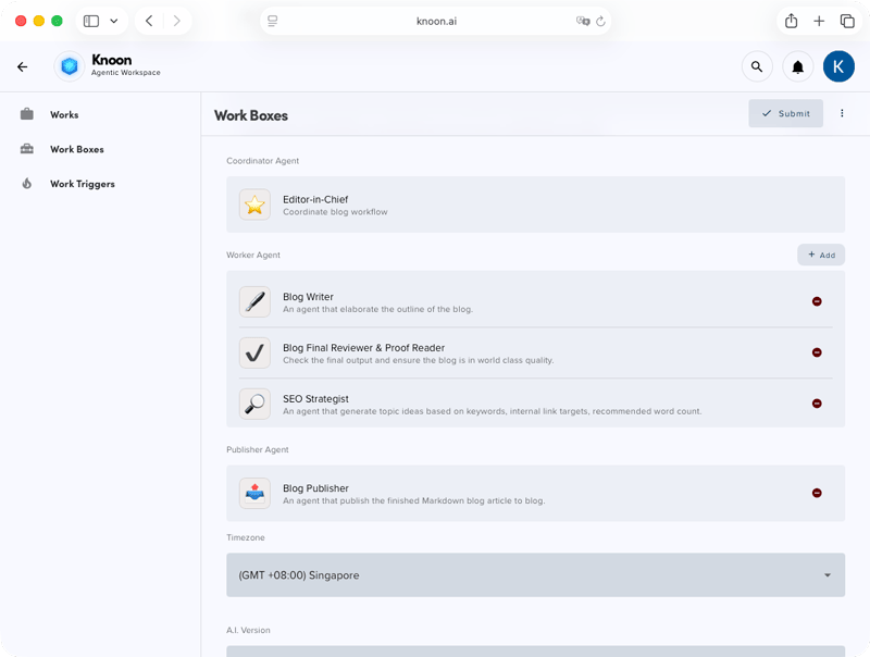 Assign the AI agents needed to fulfill the task within the Work Box.