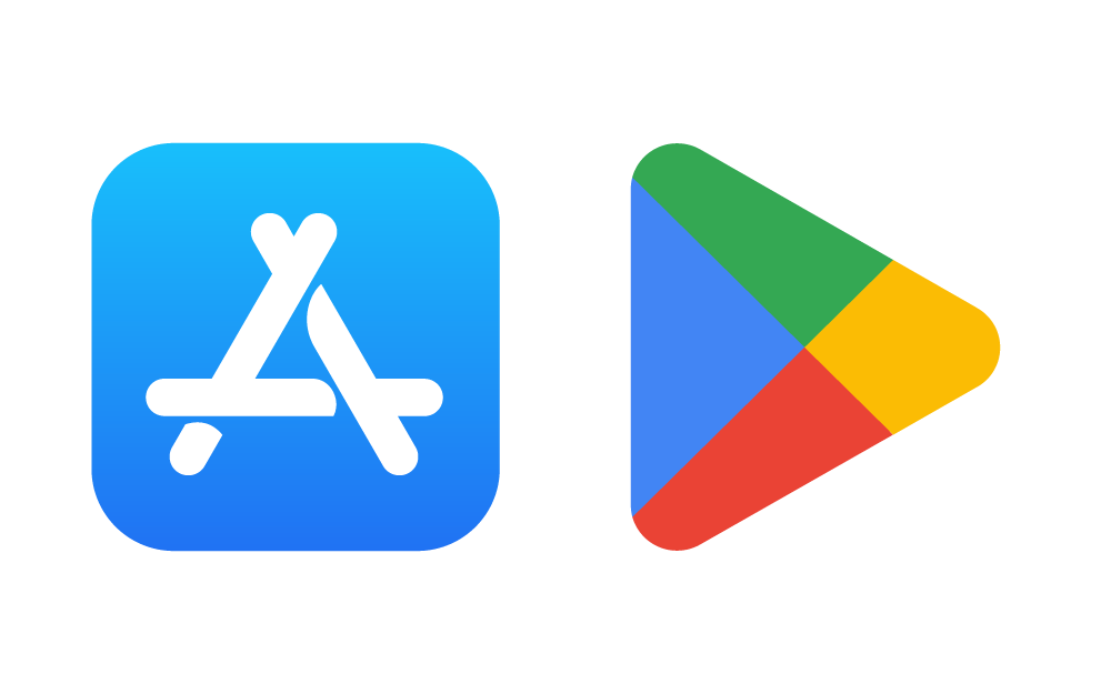 The App Store logo (left) and the Google Play Store logo (right).