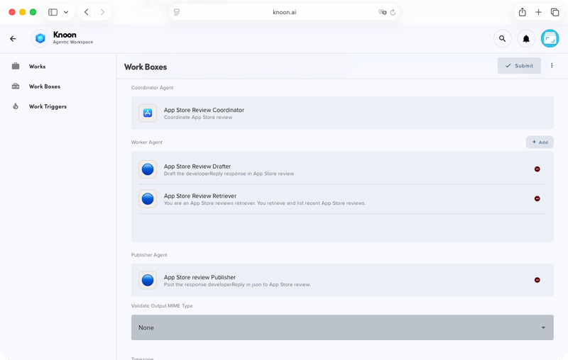 A screenshot of Knoon platform with agents in a work box.
