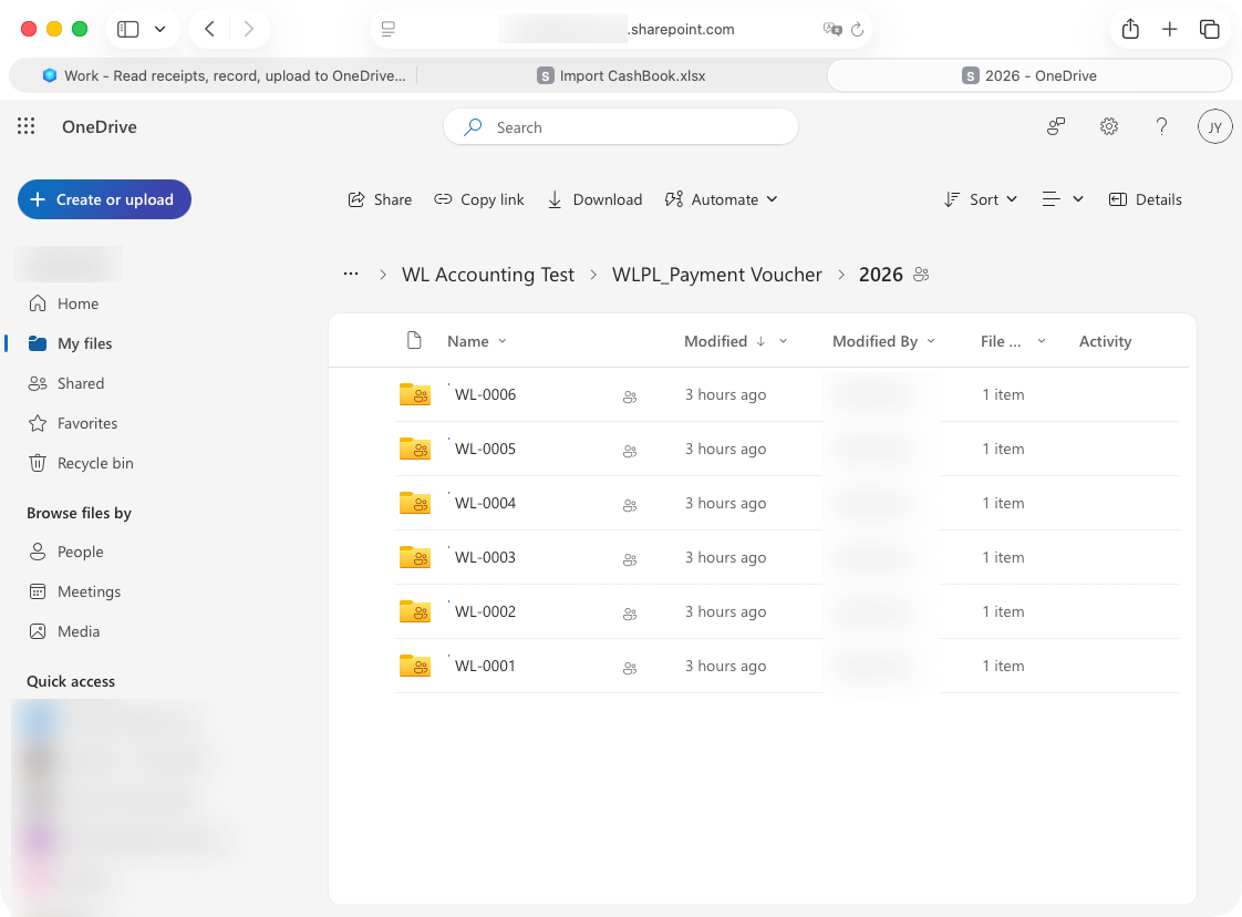 Receipts automatically uploaded and organized into OneDrive folders by document number.
