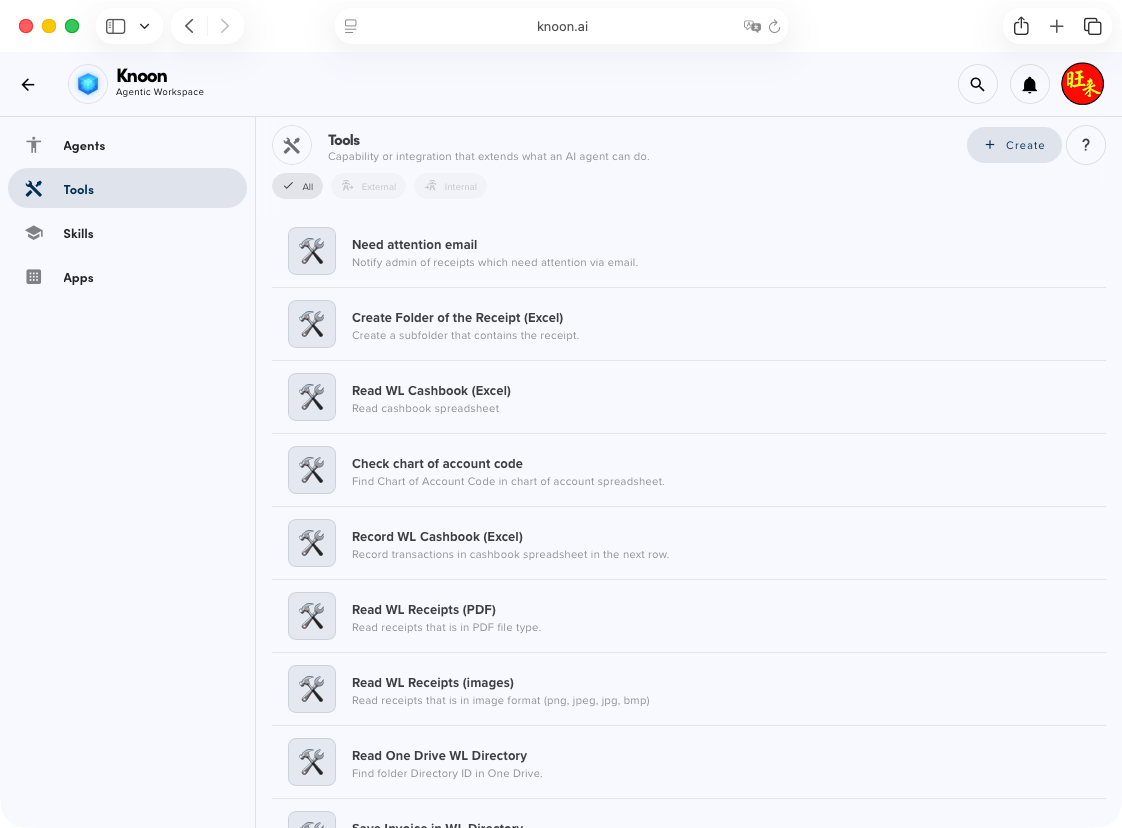 The tools used by AI agents to read receipts, organize files in OneDrive, and record transactions in the cashbook.