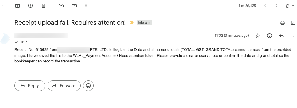 When a receipt is illegible, the system flags it and automatically emails the admin to review and follow up.