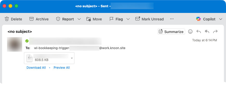 Supervisors send receipt attachments to a dedicated workflow email. This automatically triggers the Work Box and starts the AI bookkeeping process.