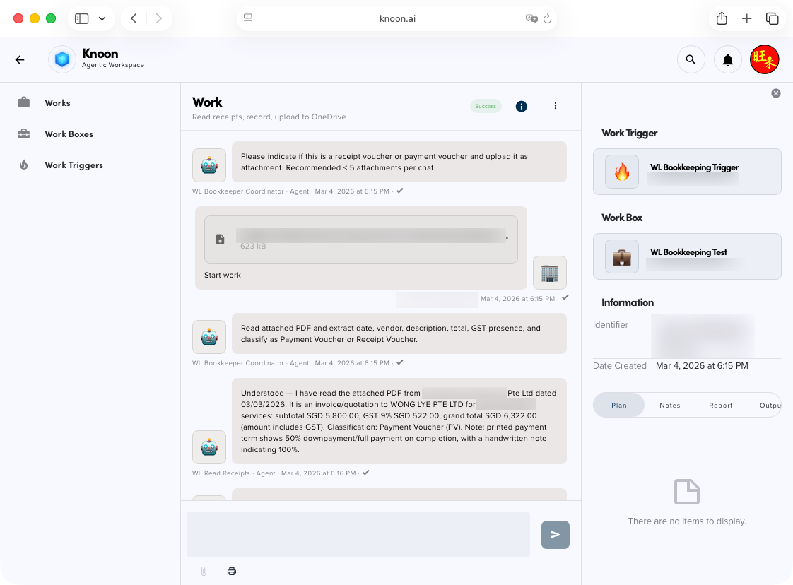 Once the Work Box is triggered, the AI agents begin collaborating to process the receipt and complete the bookkeeping task.